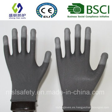 13G Gary Nylon Liner con guantes blancos de seguridad de recubrimiento de la punta del dedo de la PU (SL-PU205G)